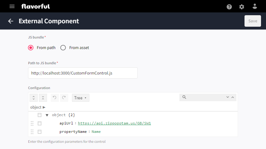 A screenshot showing the configuration of the Custom Form Control external component.